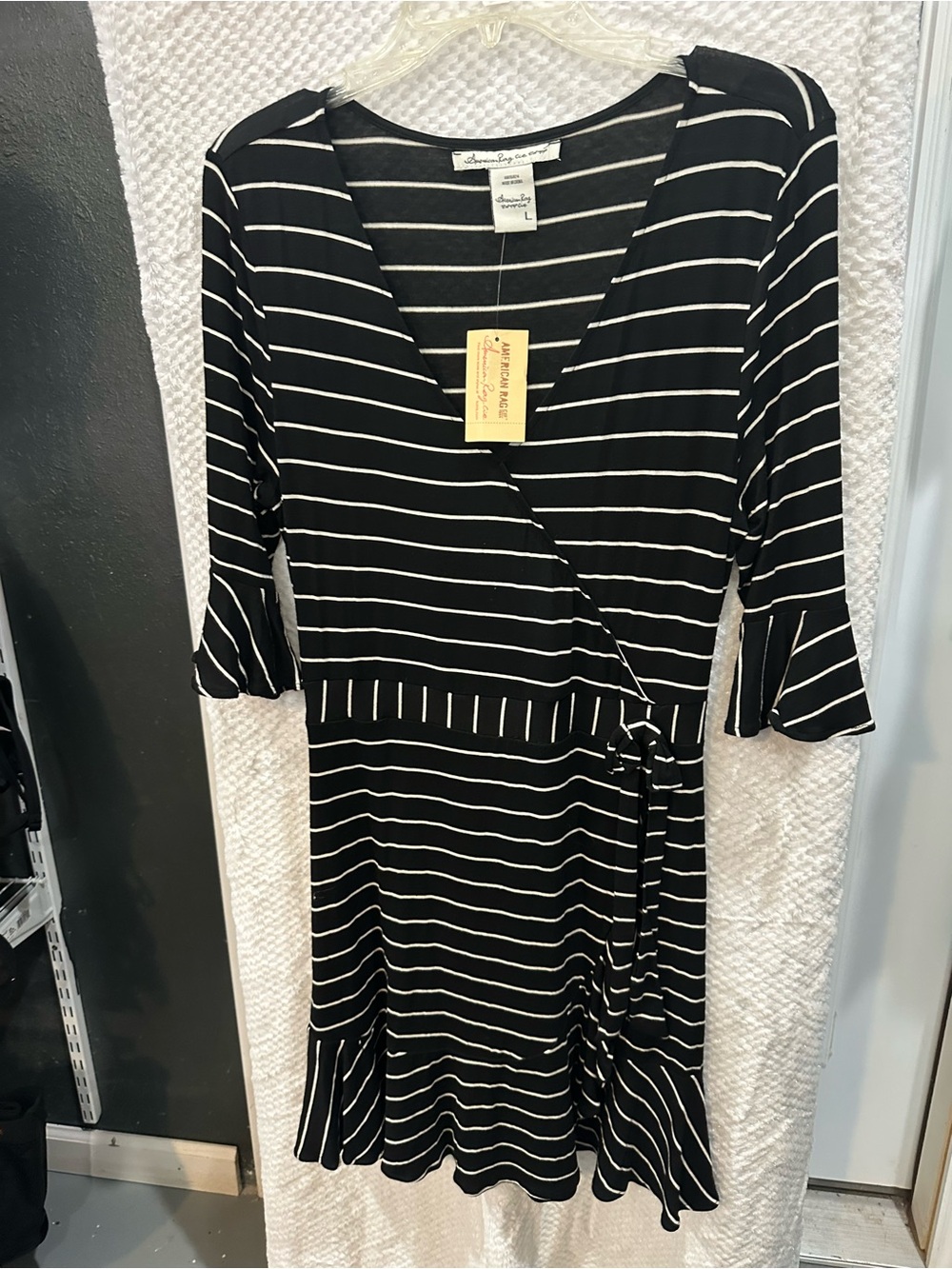 American Rag Black and White Striped Long Sleeve Wrap Dress large